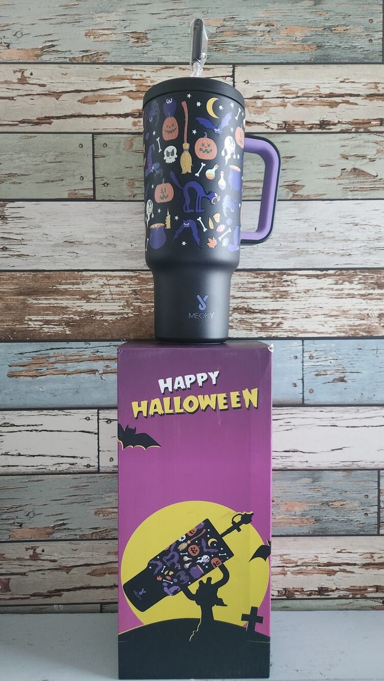 MEOKY Halloween Tumbler w? Handle Black Purple Ghost Pumpkin Cat Cup 40oz GITD